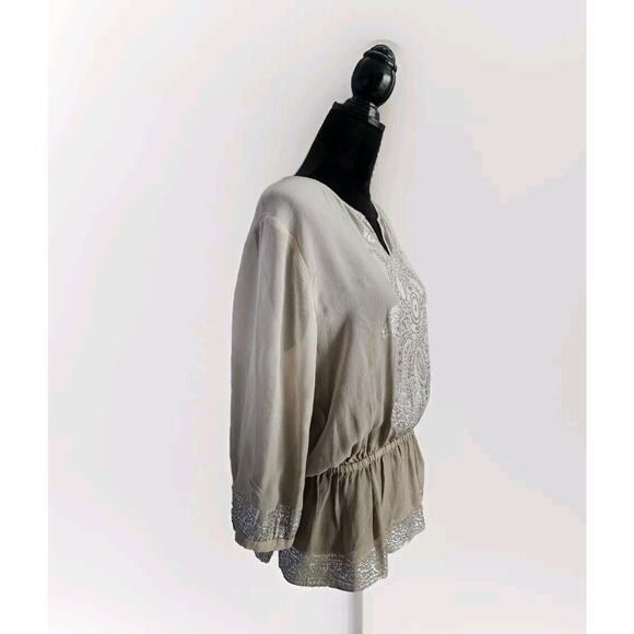 Chico's Women's Taupe Silk & Silver Metallic Ombré Embellished Sheer Blouse Sz 1 - Picture 2 of 9